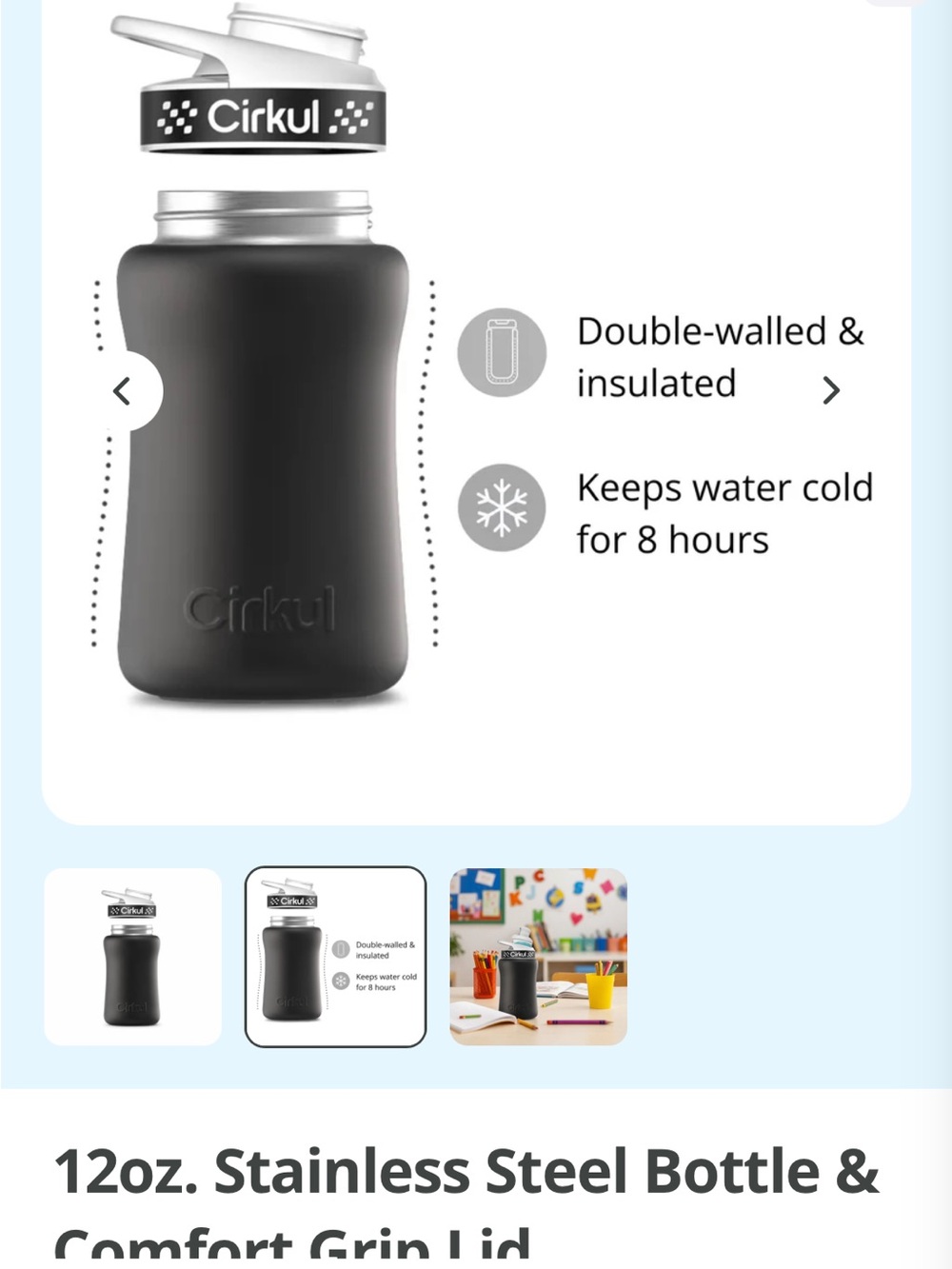 Cirkul 12oz Stainless Steel Bottle in Black with Comfort Grip Lid - Picture 2 of 6